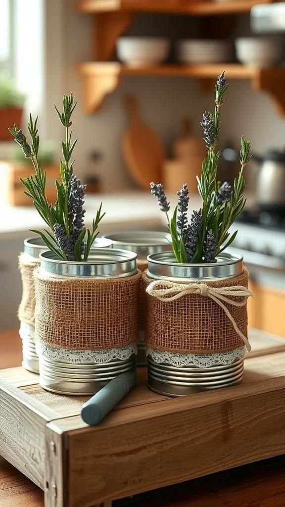 Burlap And Lace Farmhouse Tin Herb Pots
