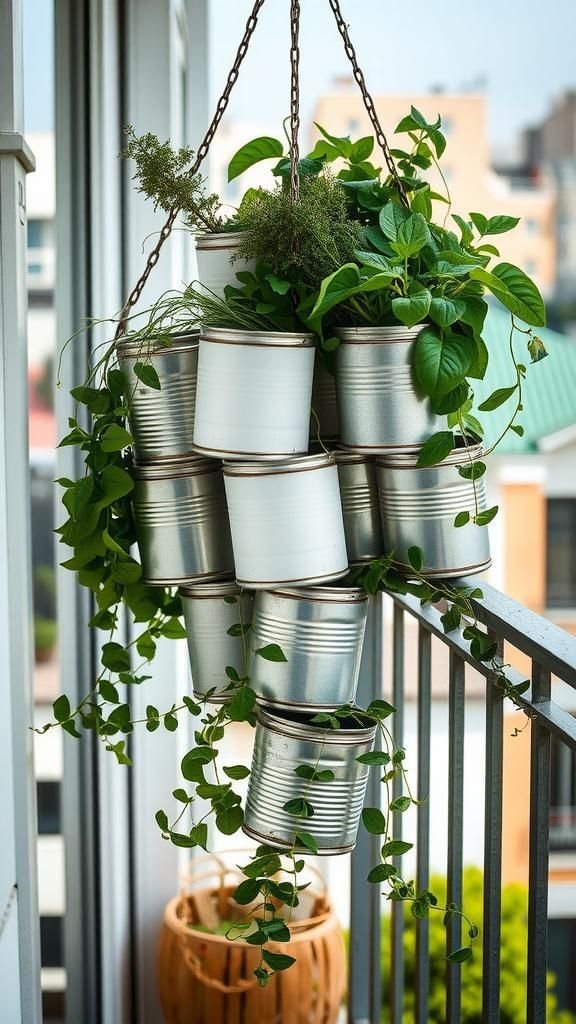 Tiered Chain-Hung Vertical Garden From Linked Cans