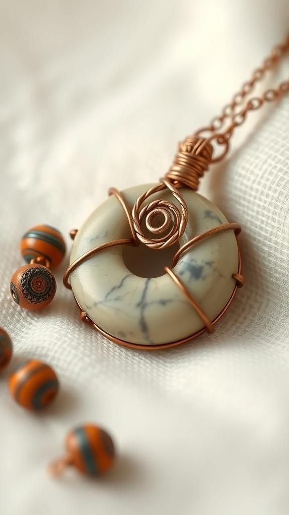 Wire Wrapped Donut Stone With Swirling Bail