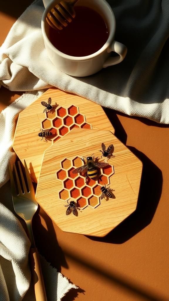 Honeycomb Tiles With Tiny Bees And Dashes