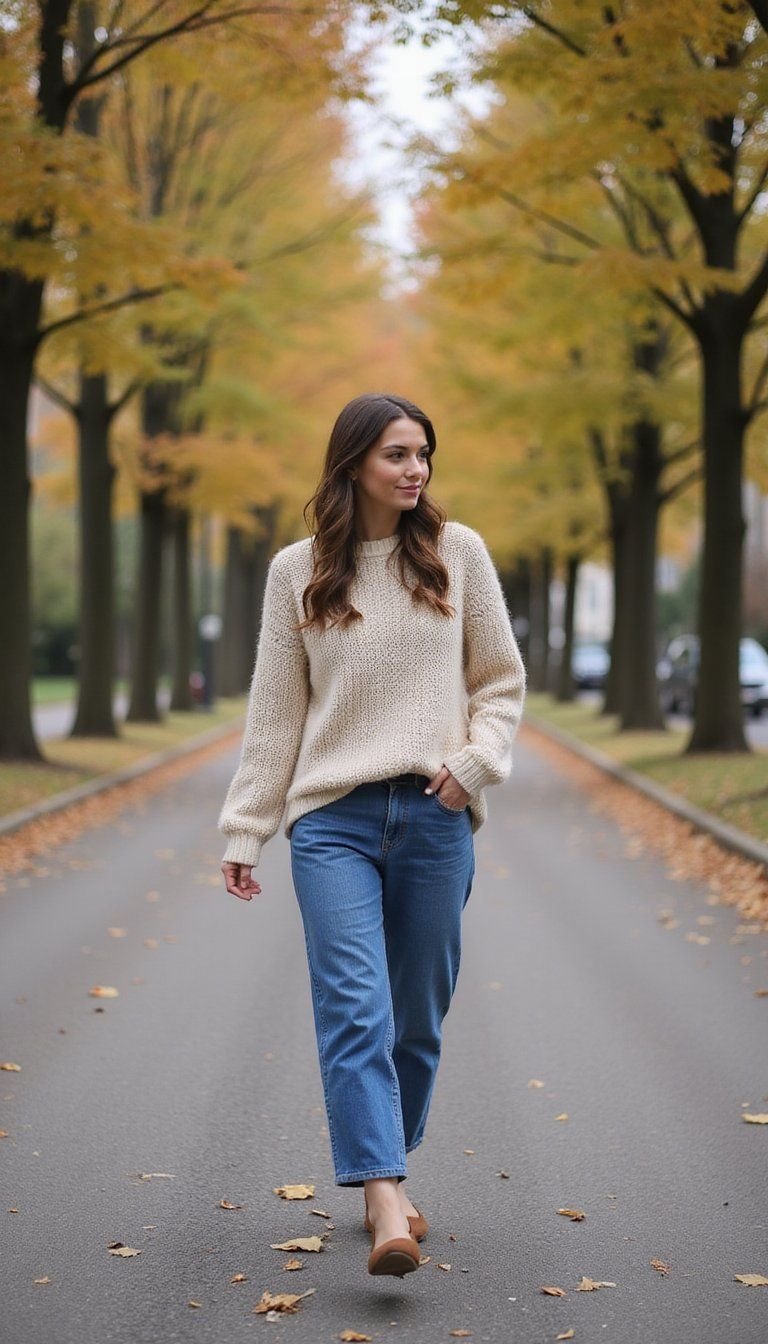 Cozy Sweater, Midi Jeans And Ballet Flats