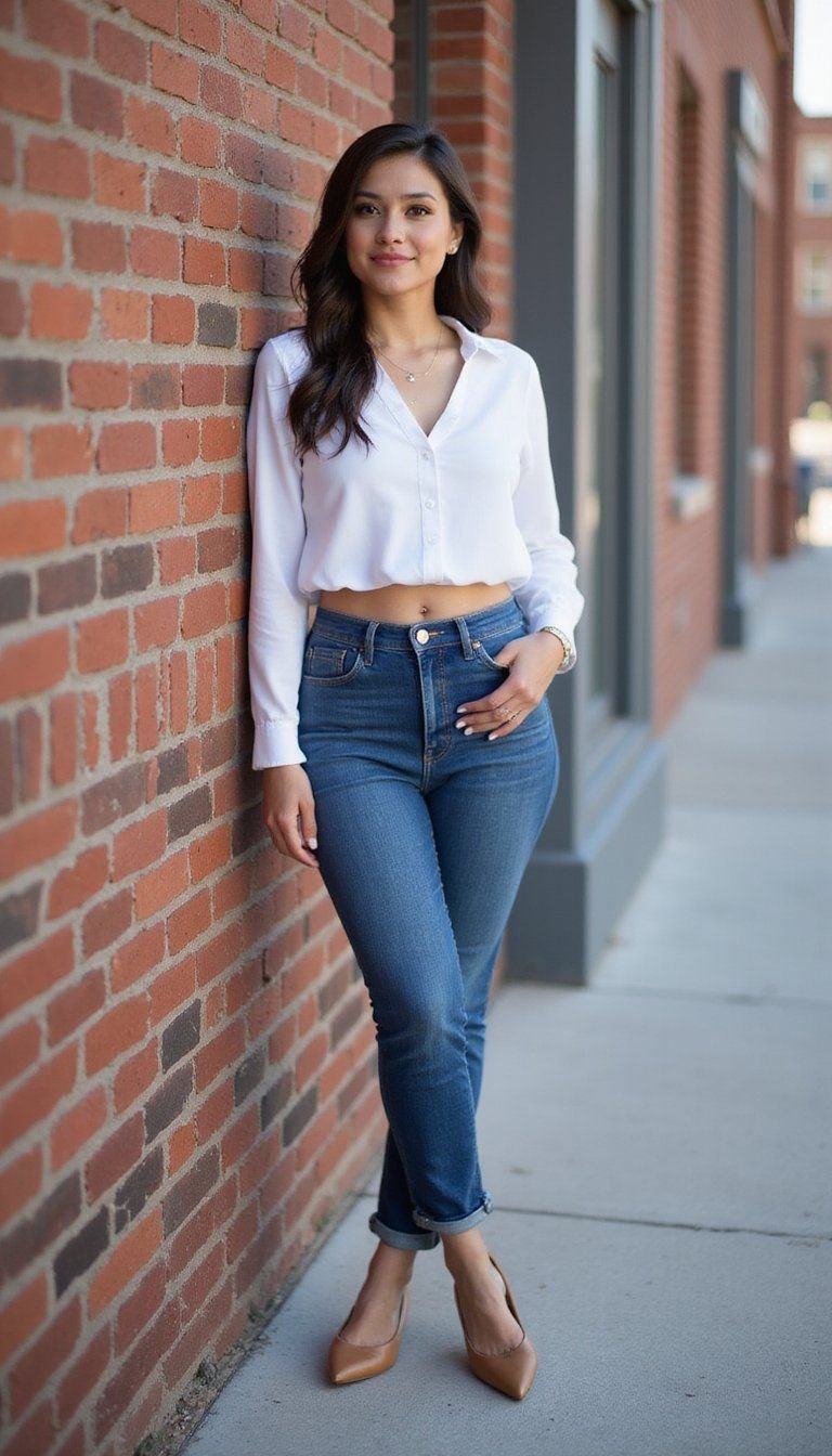 Cropped Blouse, High-Waist Jeans And Ballet Flats