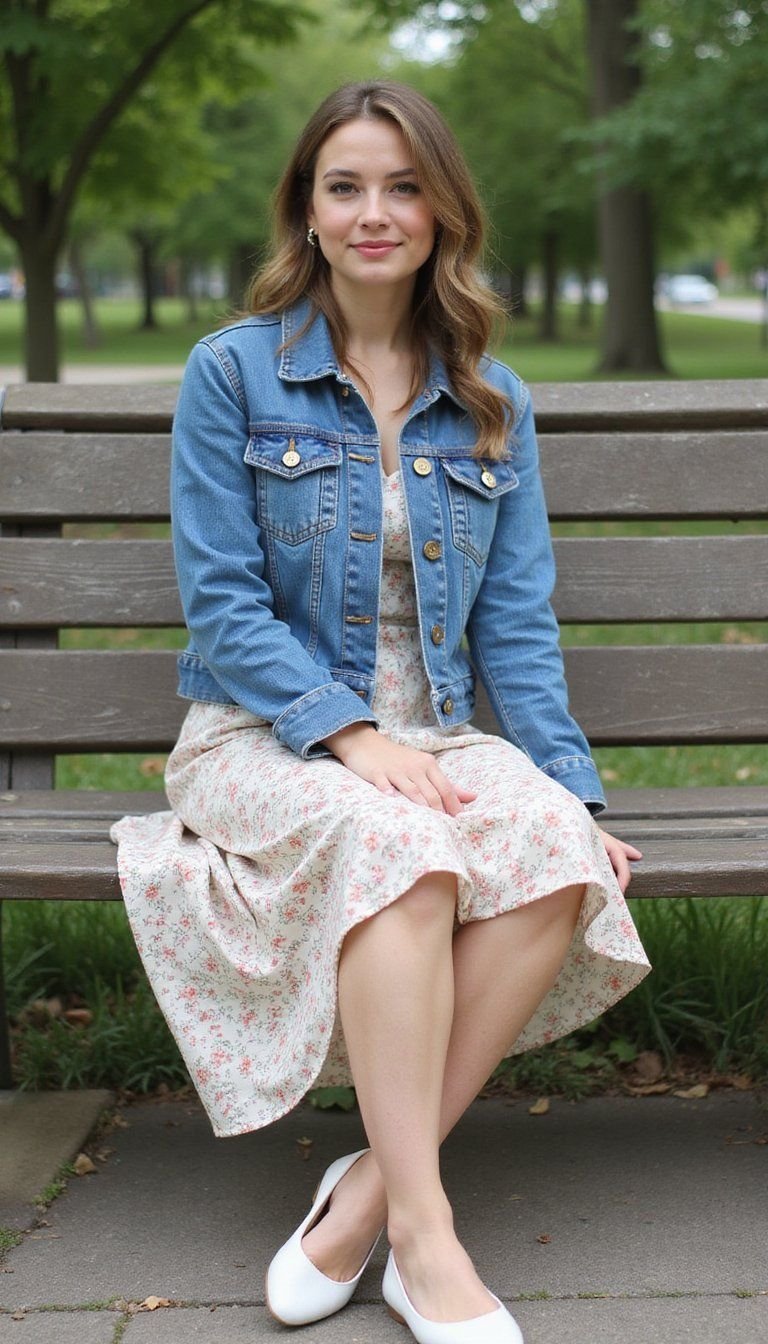 Denim Jacket, Floral Dress And Ballet Flats