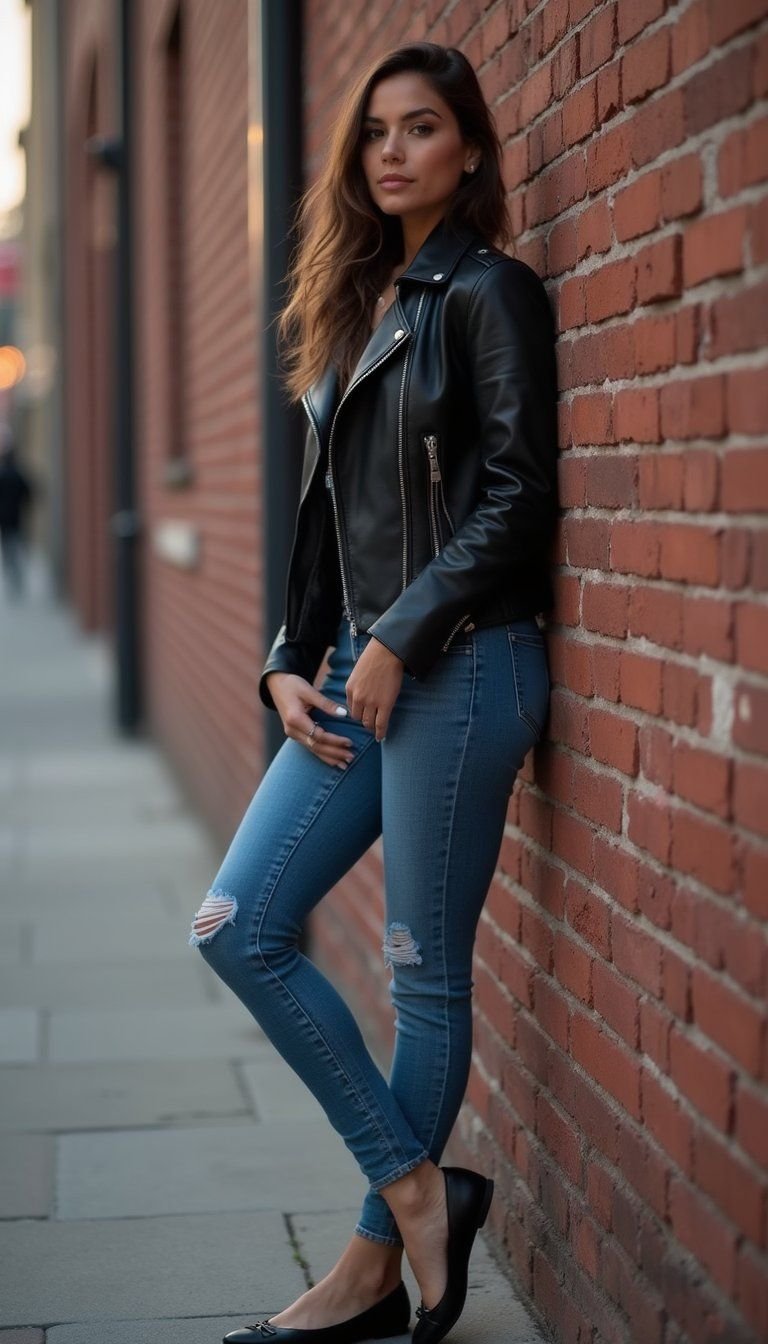 Leather Jacket Edge With Ballet Flats