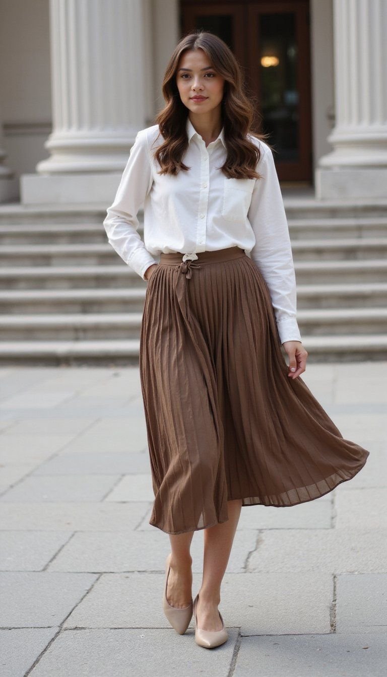 Pleated Skirt, Button-Up Shirt And Ballet Flats