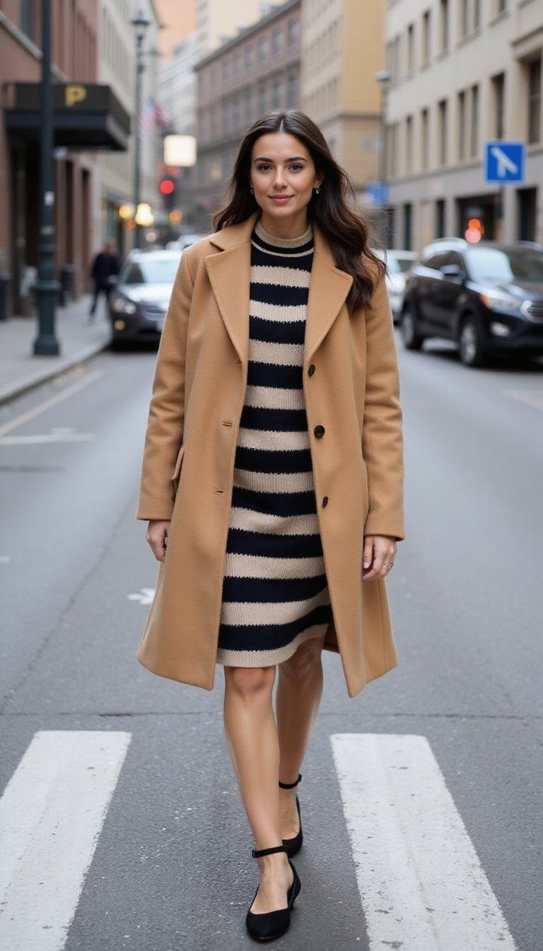 Striped Dress, Oversized Coat And Ballet Flats