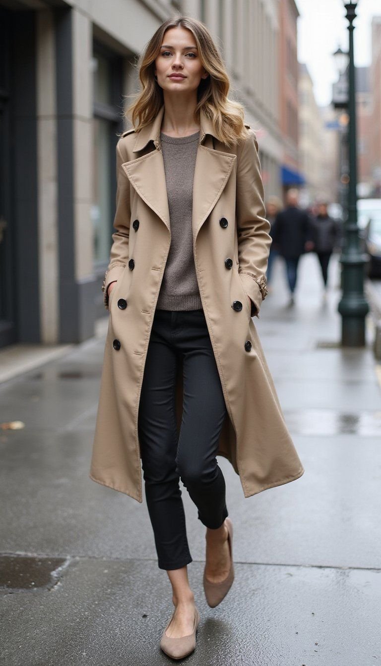 Trench Coat, Cigarette Pants And Ballet Flats