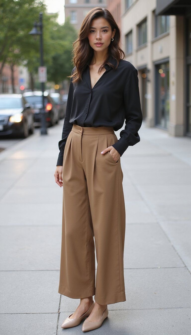 Wide-Leg Trousers Paired With Ballet Flats