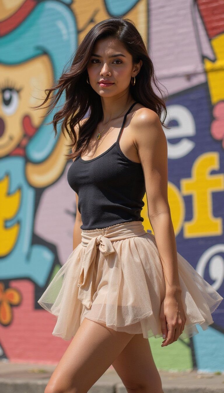 Knit Tank Top With Wrap Tulle Mini Skirt