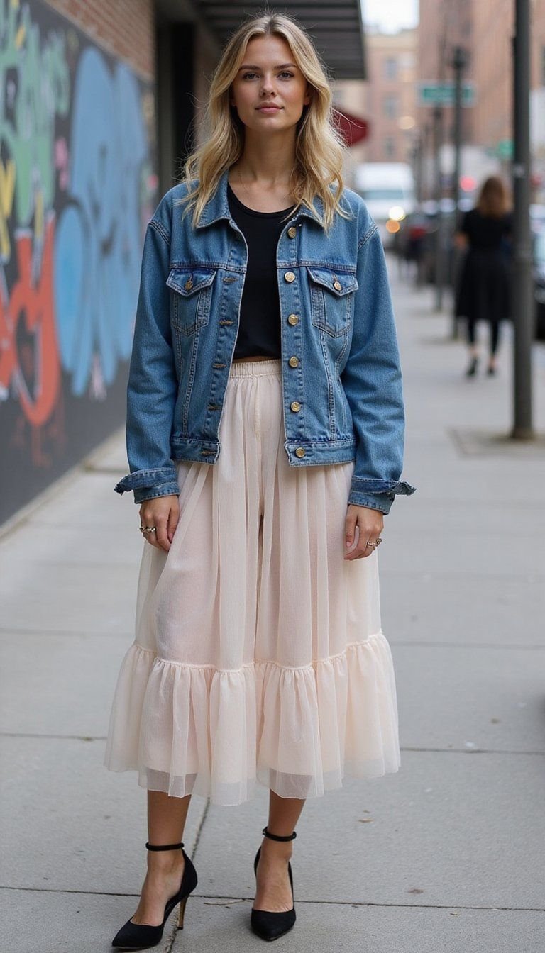 Oversized Denim Jacket Over Romantic Tulle Skirt