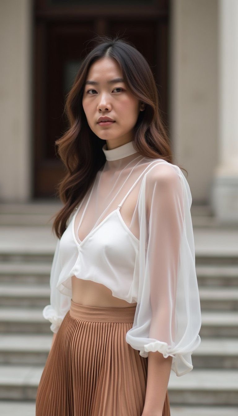 Sheer Puff Sleeve Blouse With Pleated Skirt