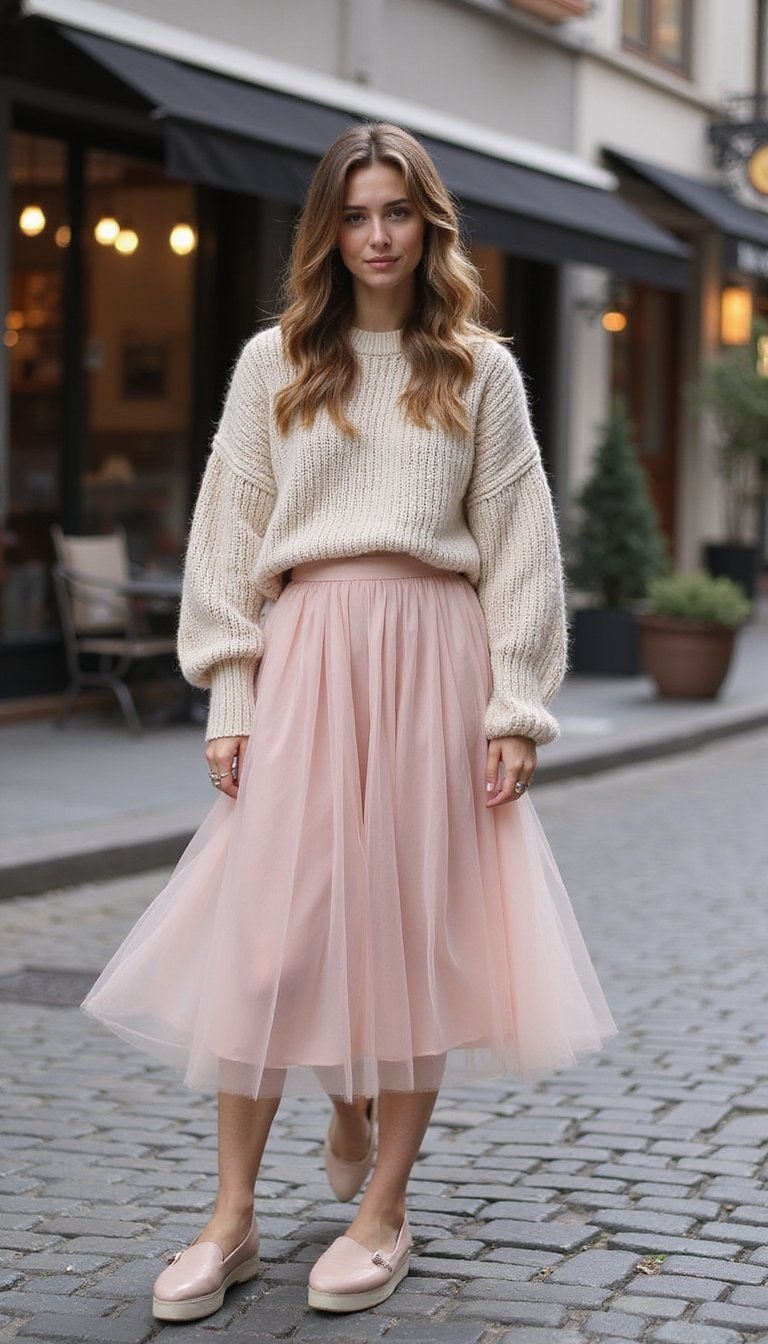 Soft Pink Tulle Skirt With Slouchy Knit