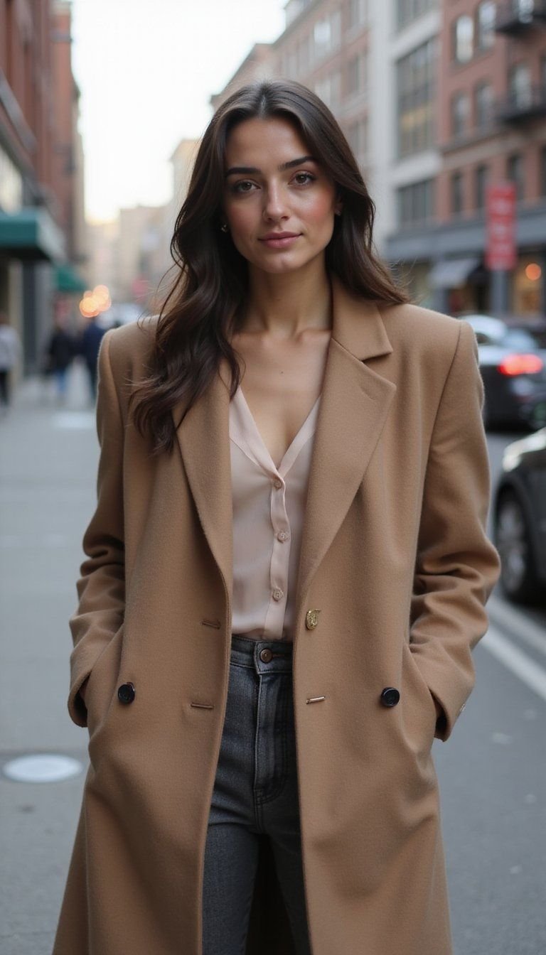 Structured Coat Over Sheer Ballet-Inspired Blouse