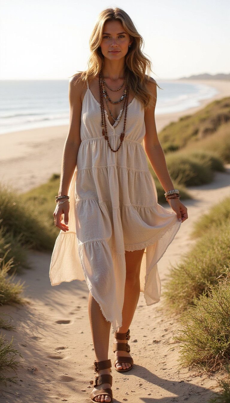 Boho Tiered Dress With Leather Sandals