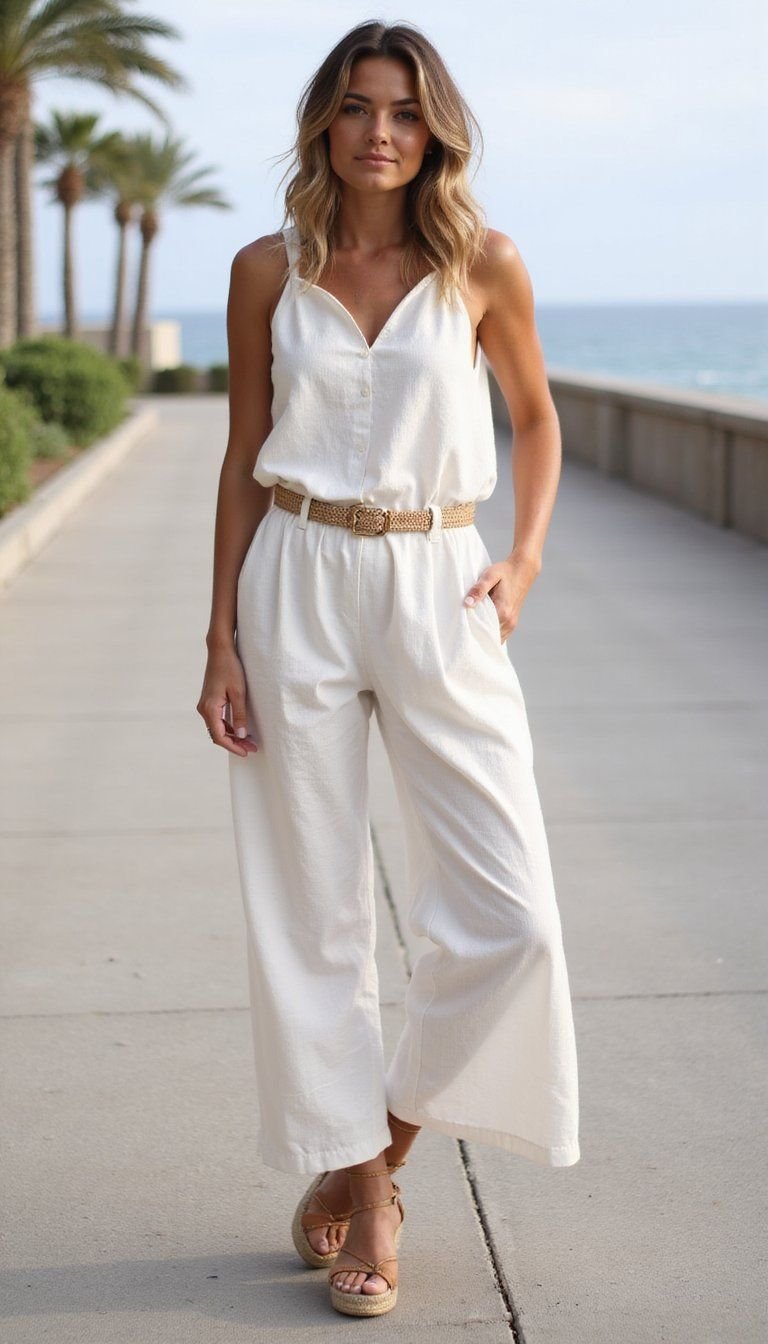 Lightweight Linen Jumpsuit With Espadrille Wedges