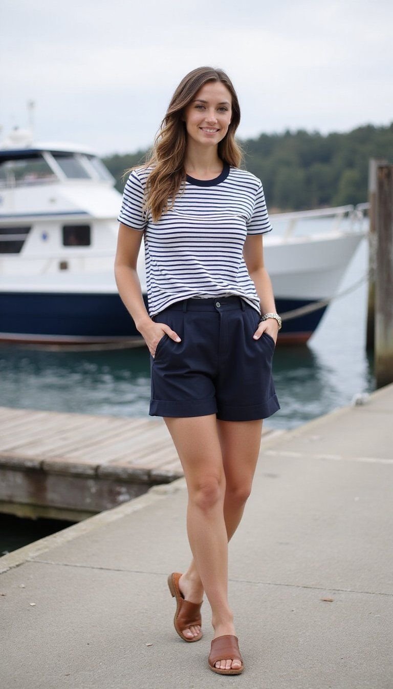 Nautical Striped Tee, Tailored Shorts, Slides