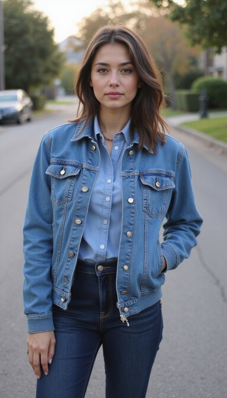 Denim-On-Denim Bomber With Chambray Shirt Layering