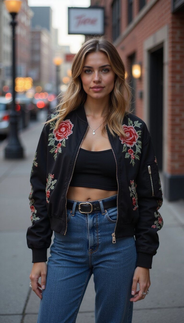 Embroidered Bomber Paired With Flared Jeans