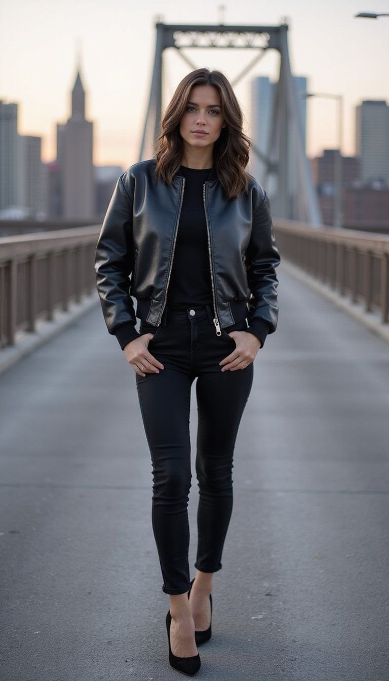 Leather Bomber With Skinny Jeans And Heels