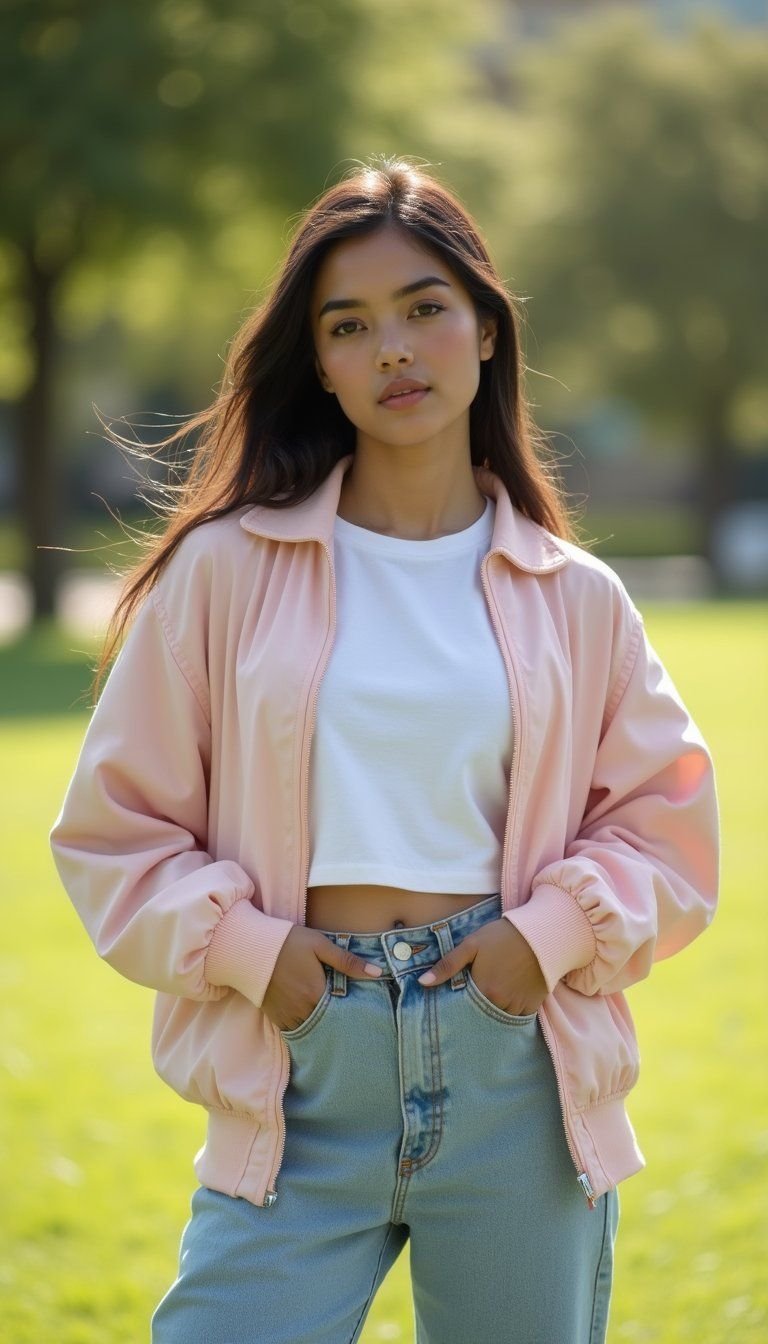 Pastel Bomber Over Light Denim And White Tee