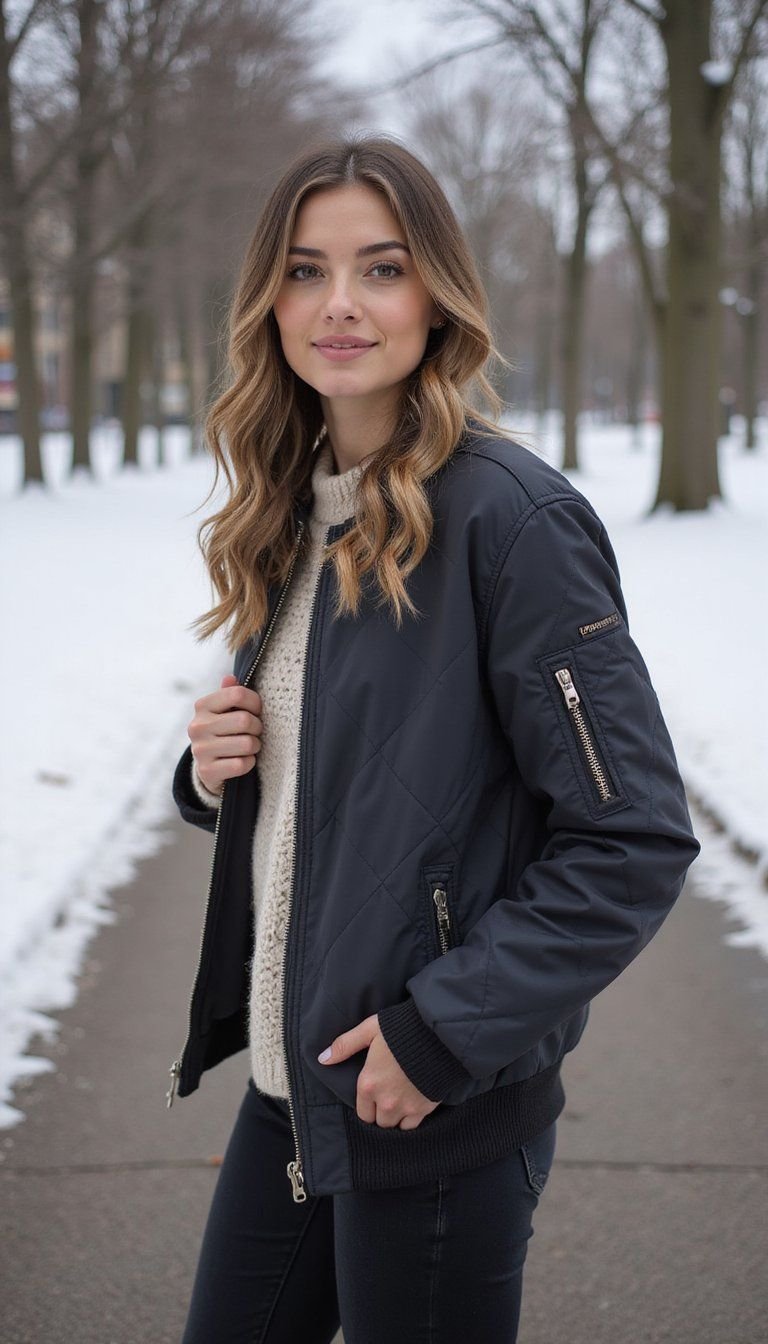 Quilted Bomber Layered Over Chunky Knit Sweater