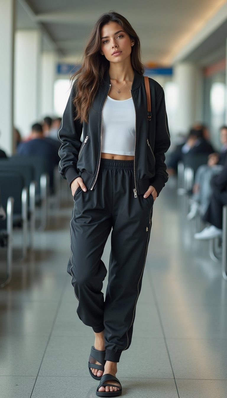 Sporty Bomber With Track Pants And Slide Sandals