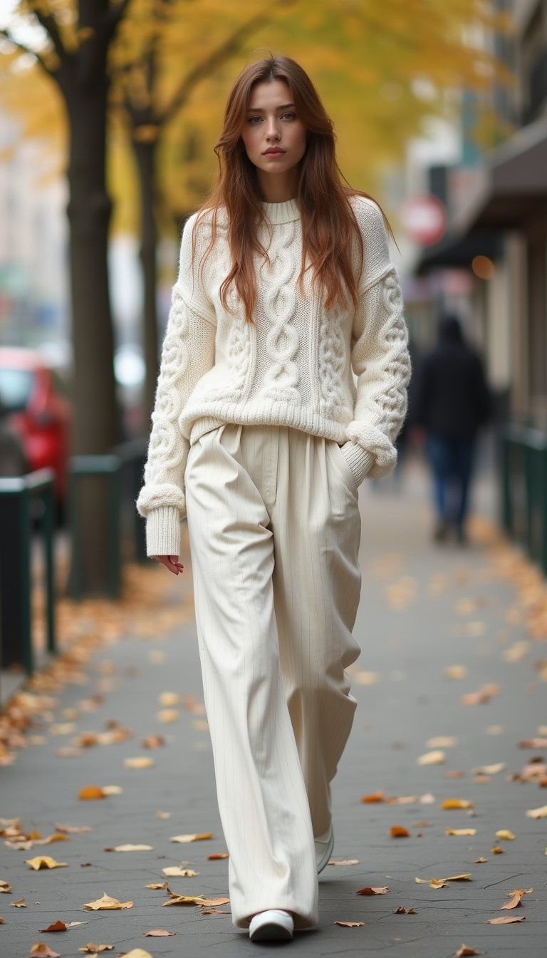 Chunky Knit Sweater And Wide Leg Trousers