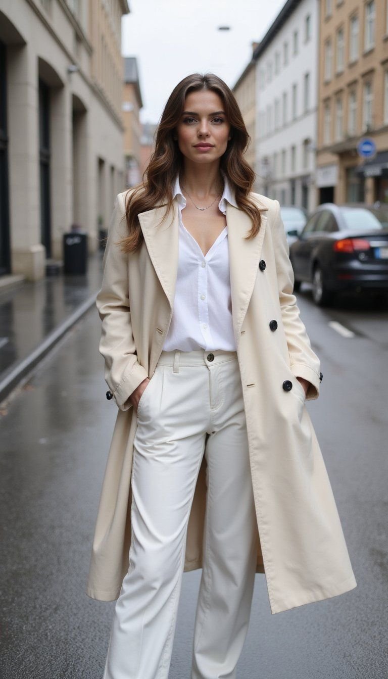 Classic Trench Layered Over Monochrome Whites