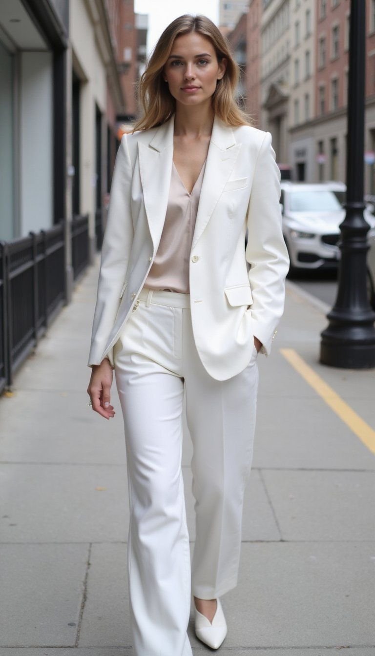 Sleek White Suit With Silk Blouse