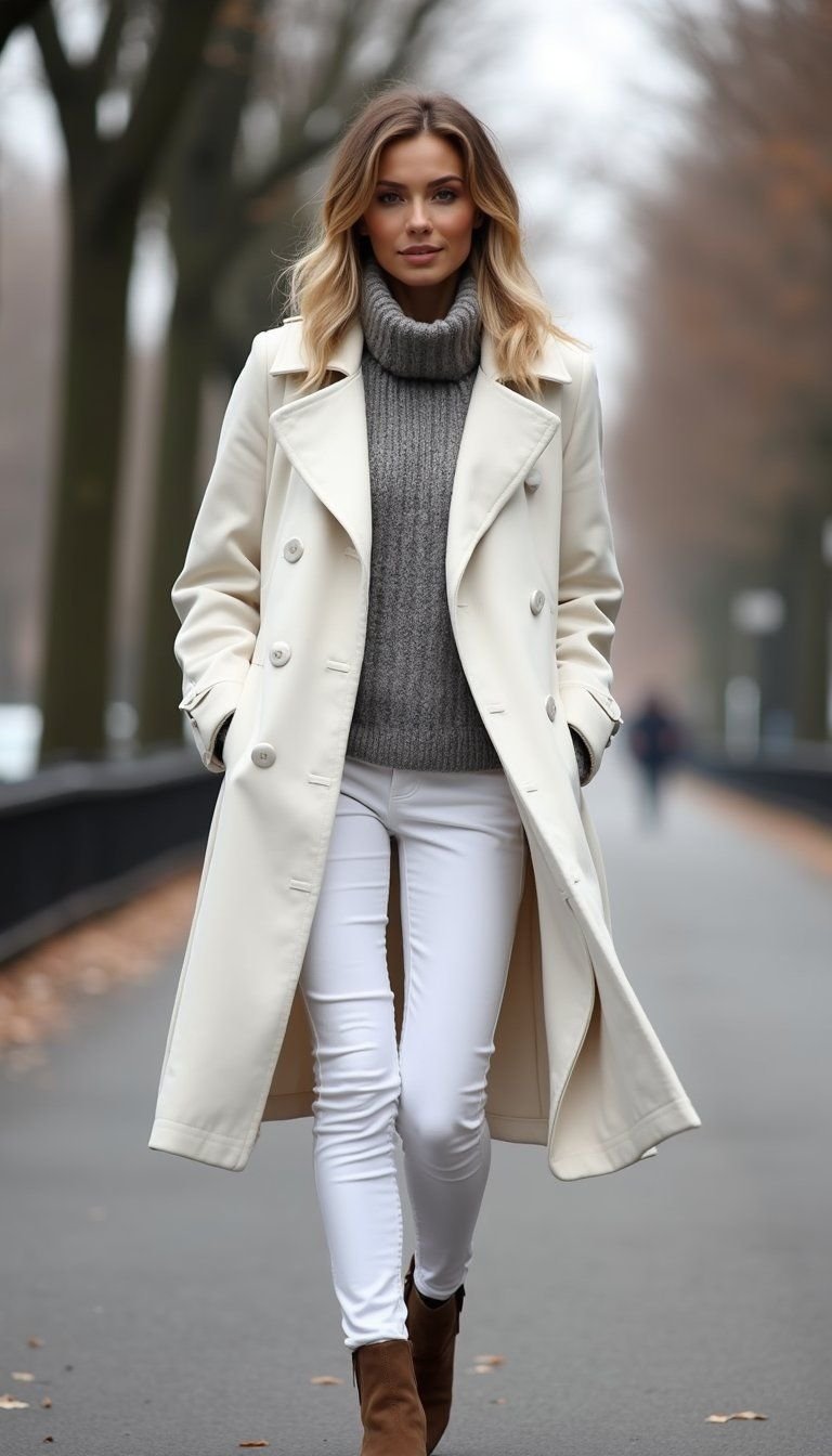 Structured Coat Over Knit Sweater And Pants