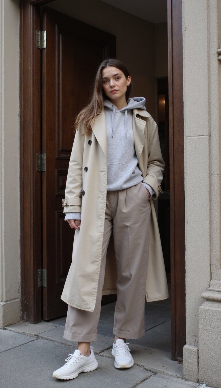 Chic Hoodie Layered Under A Lightweight Trench