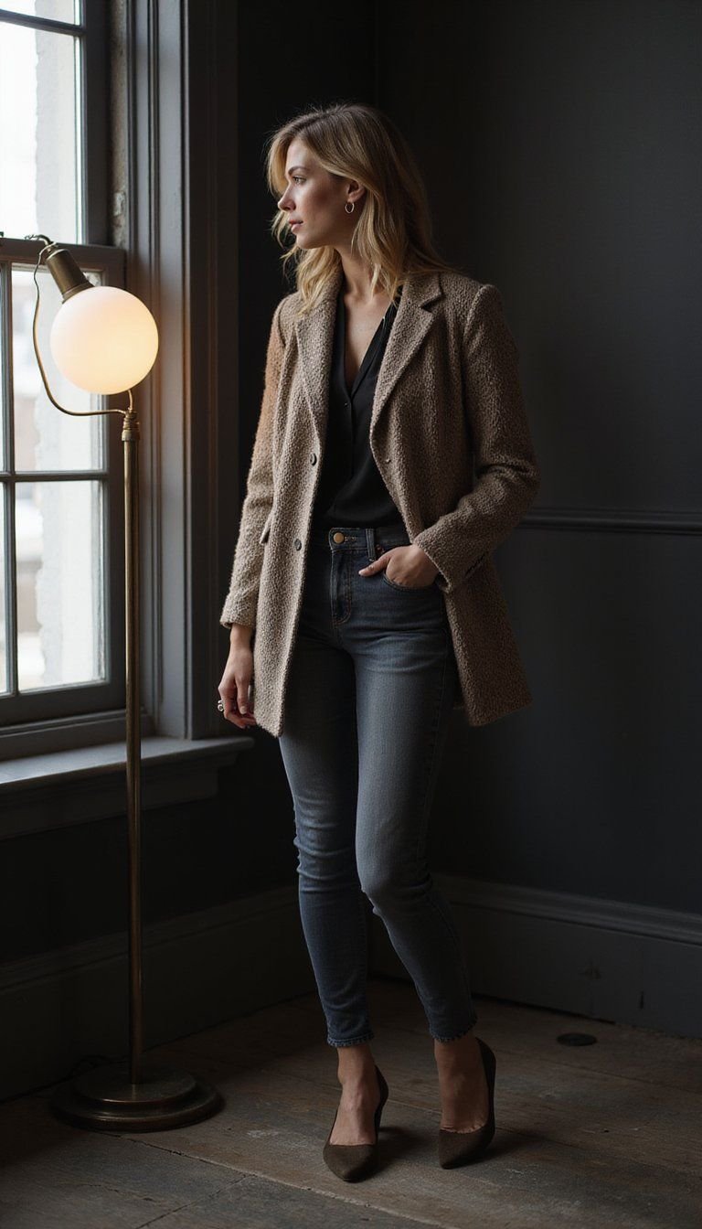 Knit Blazer With Skinny Stretch Jeans And Flats