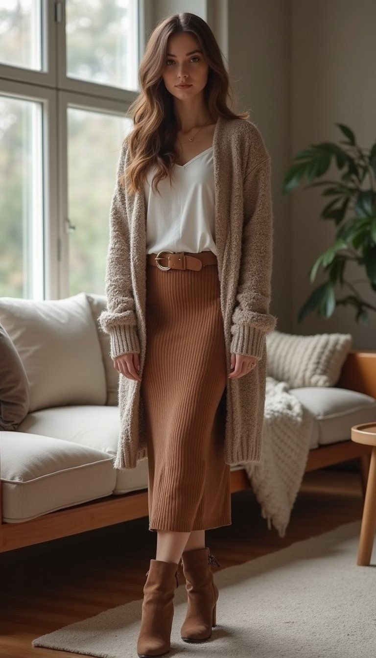 Ribbed Midi Skirt With Chunky Cardigan And Boots