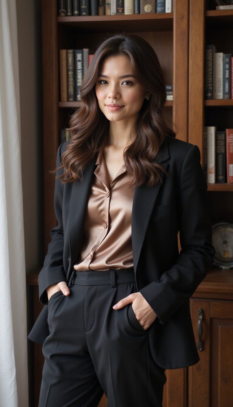 Satin Pajama Shirt With Smart Tailored Blazer