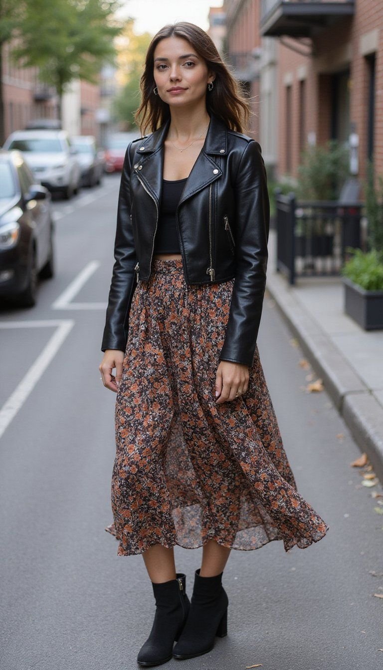 Leather Jacket With Floral Midi Skirt