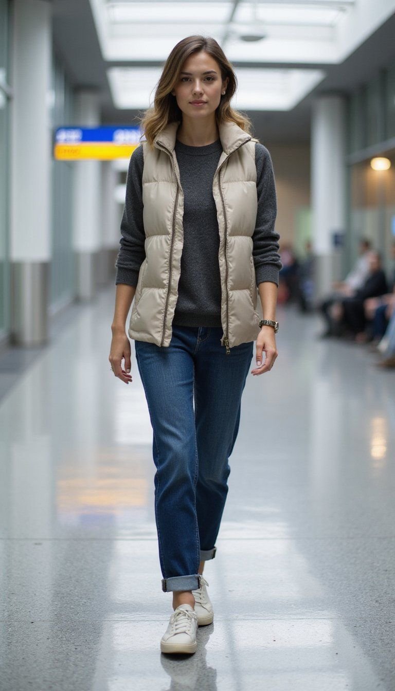 Lightweight Puffer Vest Over Knitted Polo And Jeans