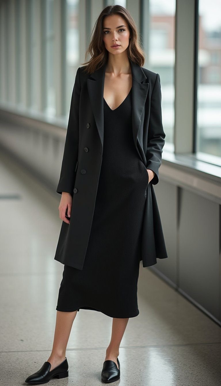 Longline Blazer Over Ribbed Dress And Slip-Ons