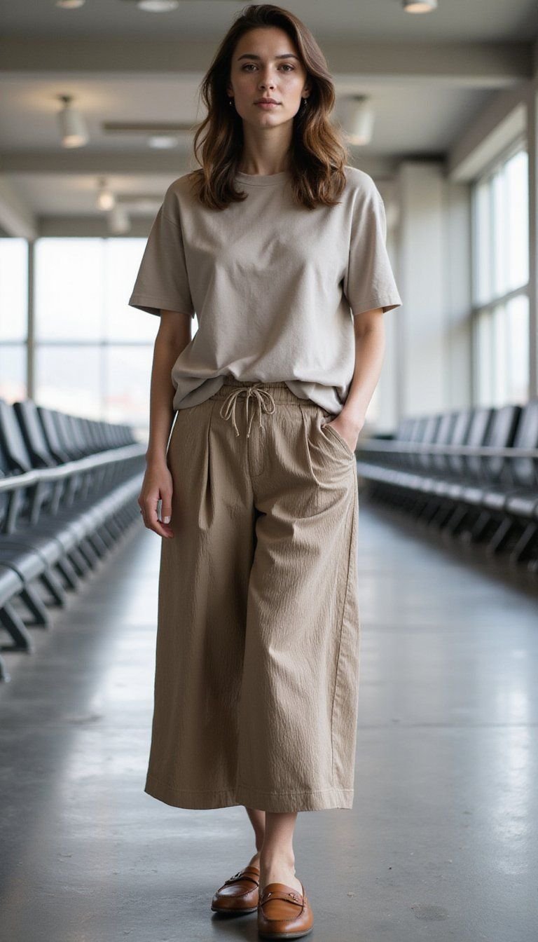 Modal Tee With Pleated Culottes And Loafers