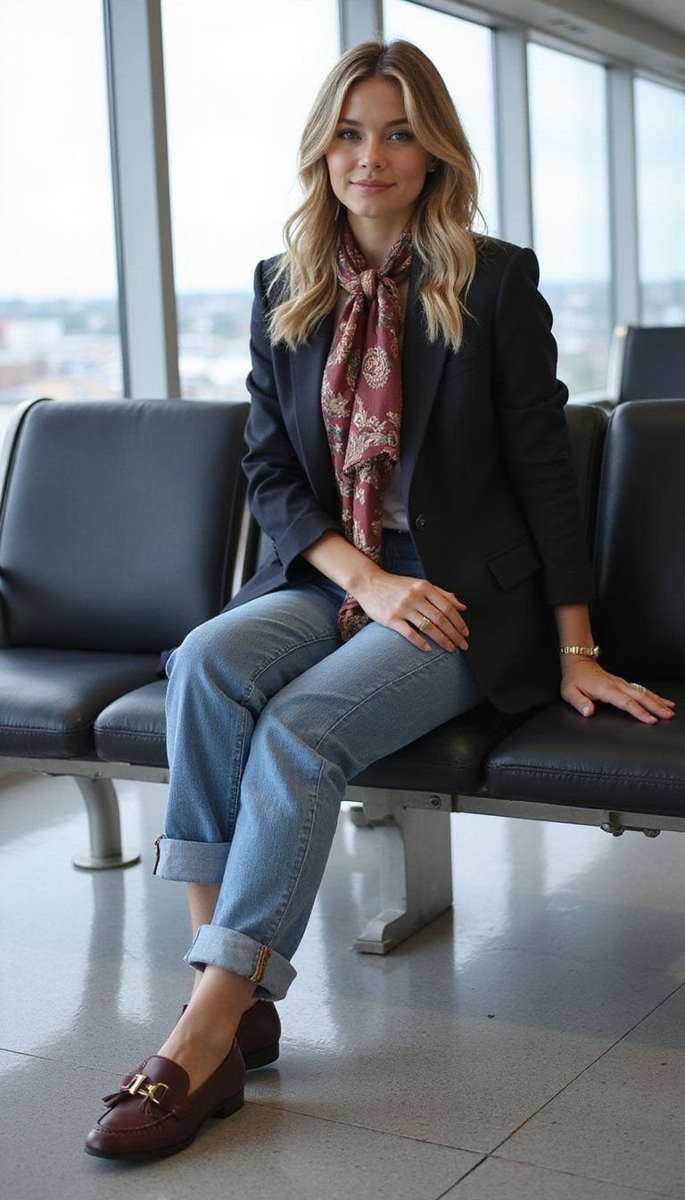 Silk Scarf, Blazer And Relaxed Fit Jeans Combo
