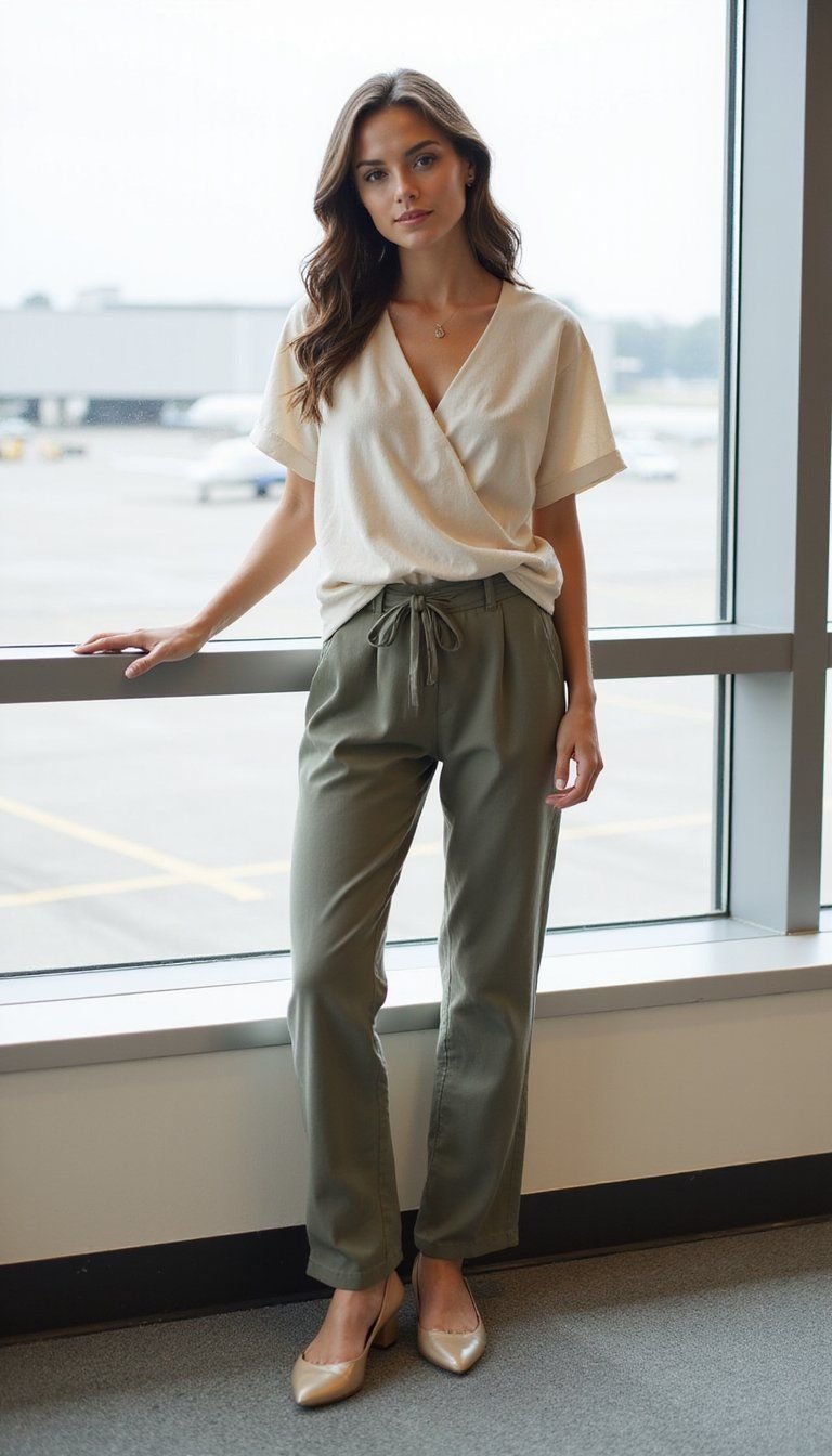 Soft Wrap Top With Stretchy Travel Pants And Flats