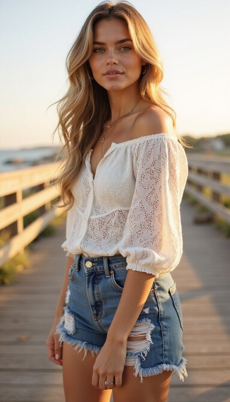 Eyelet Blouse With Distressed Denim Shorts