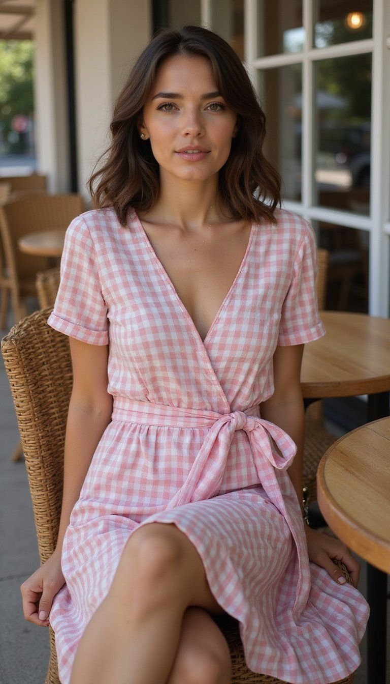 Gingham Wrap Dress With Espadrille Wedges