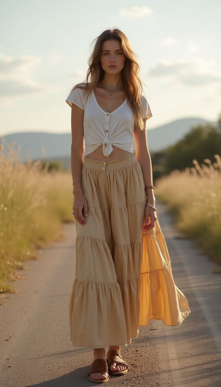 Prairie Maxi Skirt With Knotted Cotton Tee