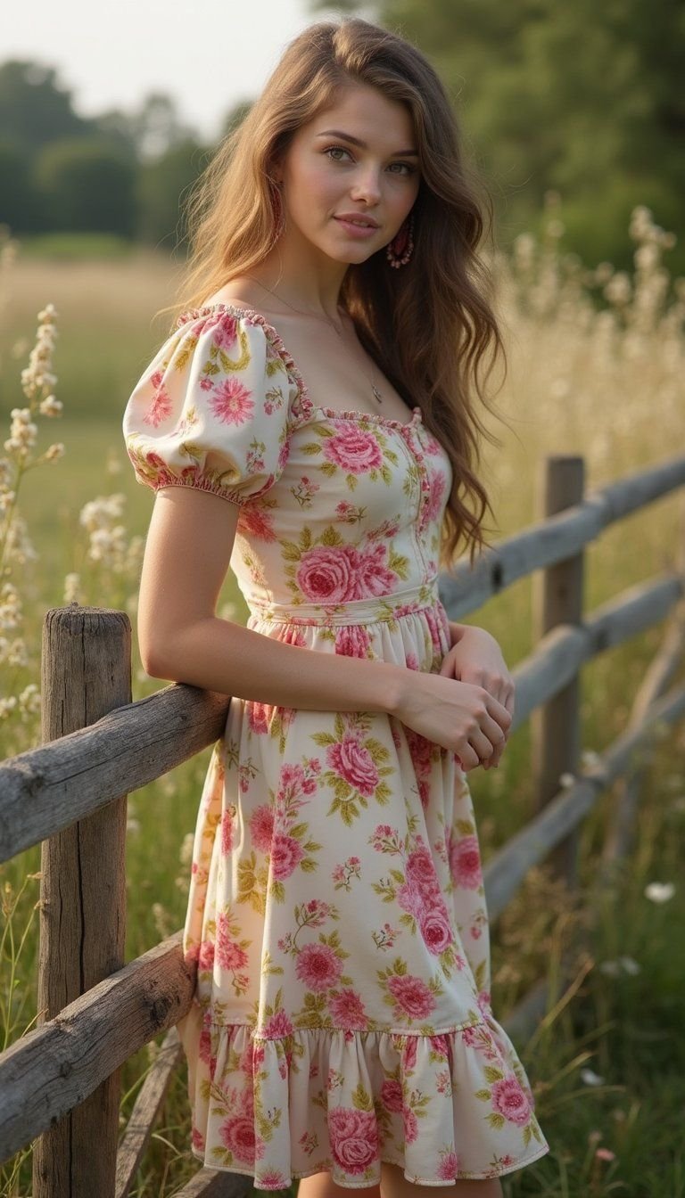 Puff Sleeve Floral Midi Dress With Ruffles