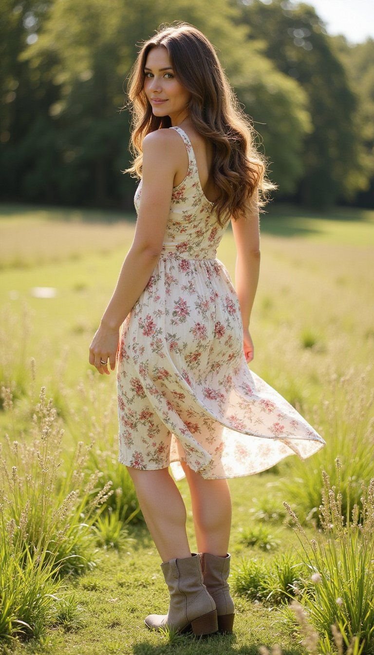 Flowy Floral Dress With Soft Suede Cowboy Boots