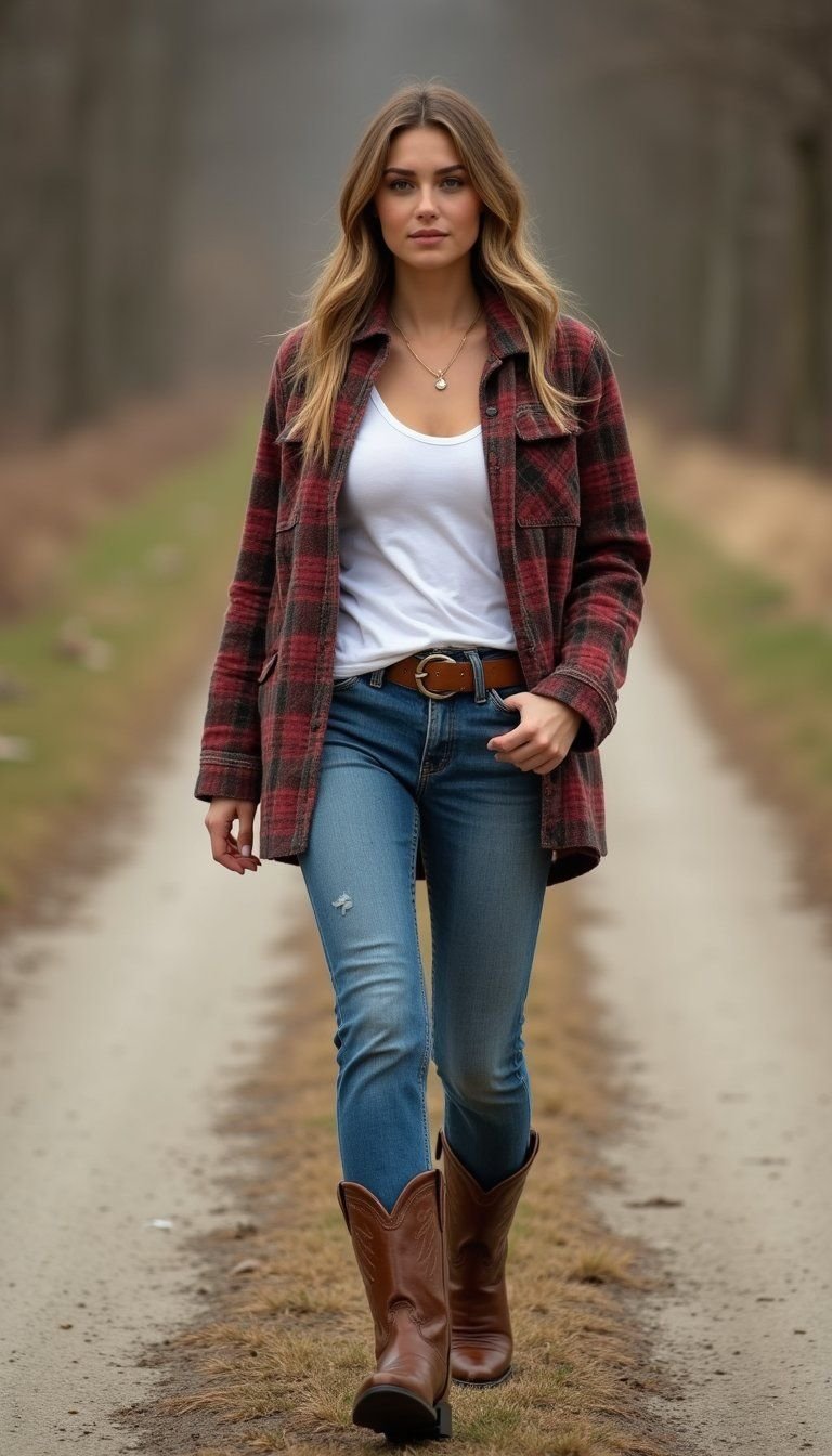Plaid Shacket, White Tee, Vintage Cowboy Boots Ensemble