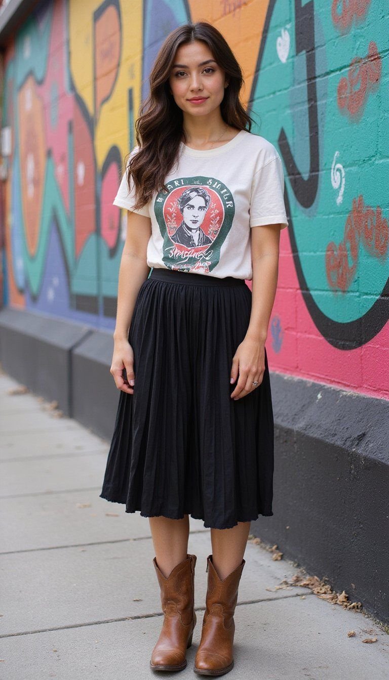 Pleated Skirt, Graphic Tee, Retro Cowboy Boots Mix