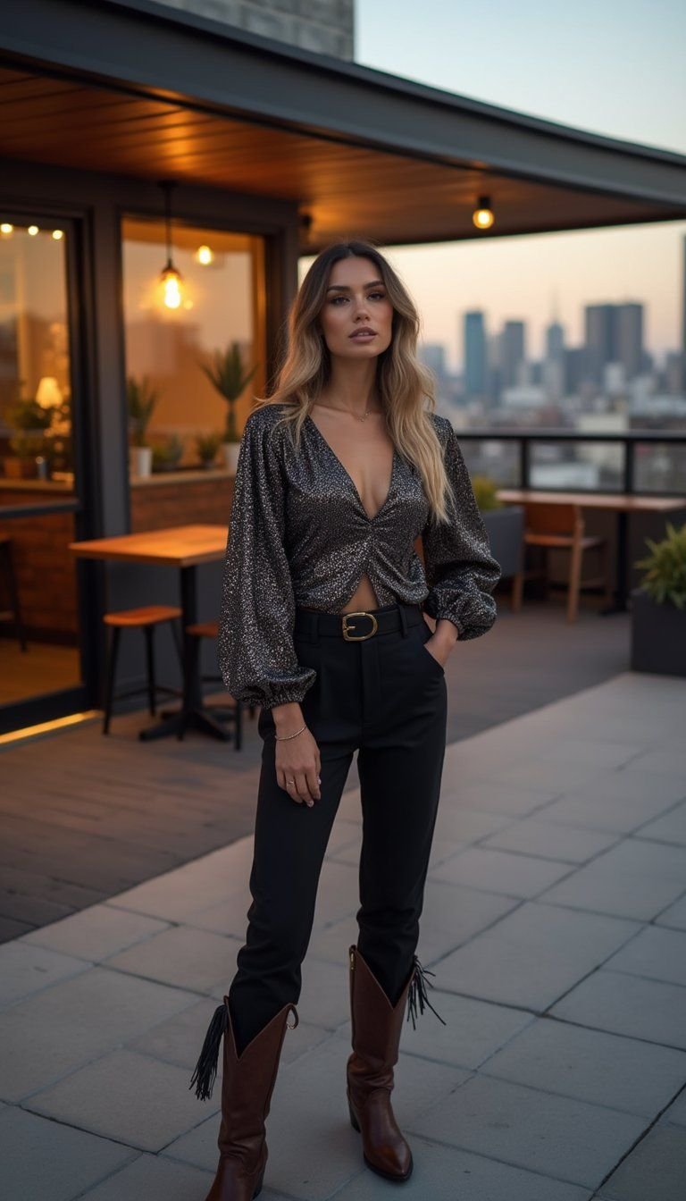 Sequin Top, Tailored Trousers, Statement Cowboy Boots