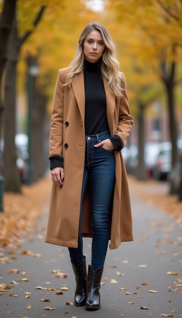 Tailored Coat Over Slim Jeans And Cowboy Boots