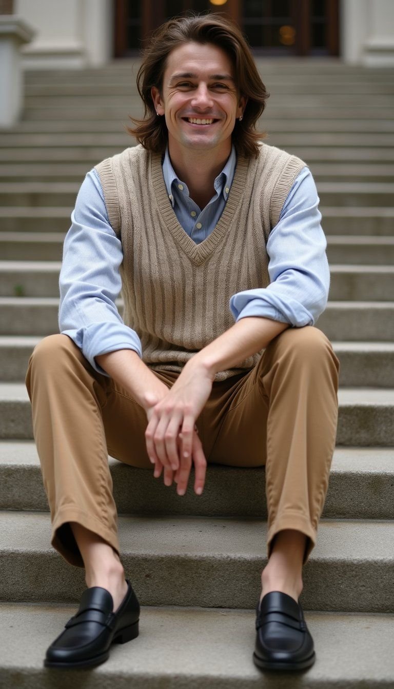 Cable Knit Sweater Vest Over Button Up Shirt